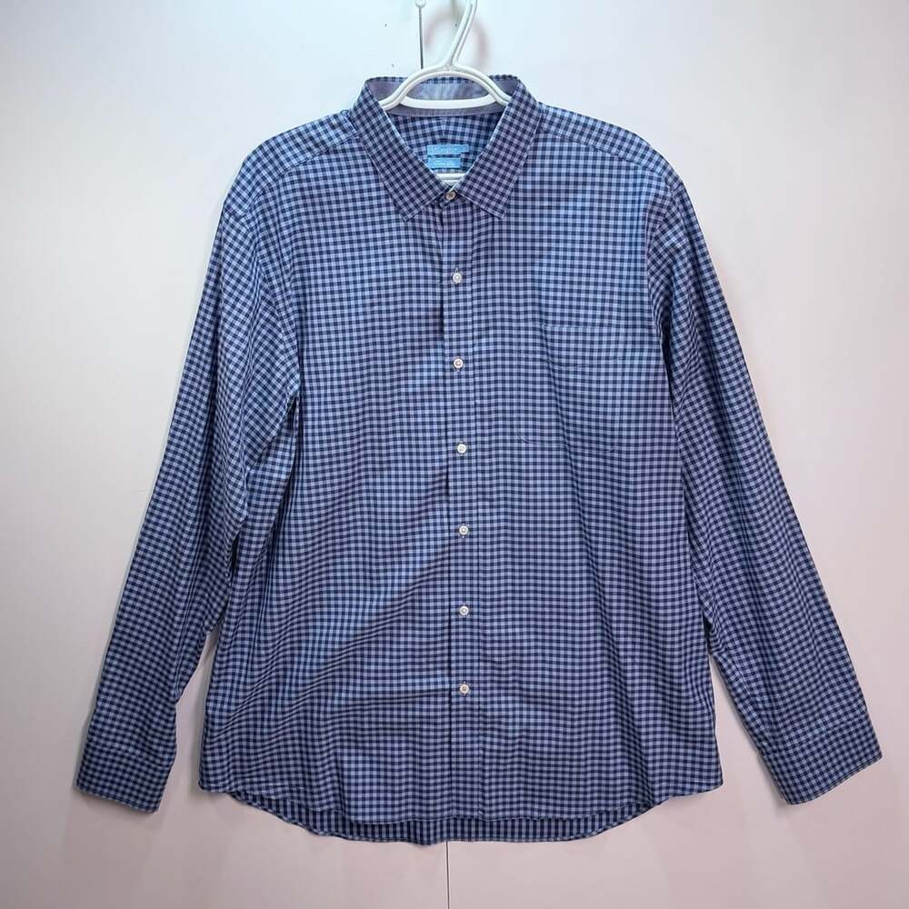 J.McLaughlin Mens Blue and Navy Gingham Long Sleeve Trim Fit Button-Down Shirt
